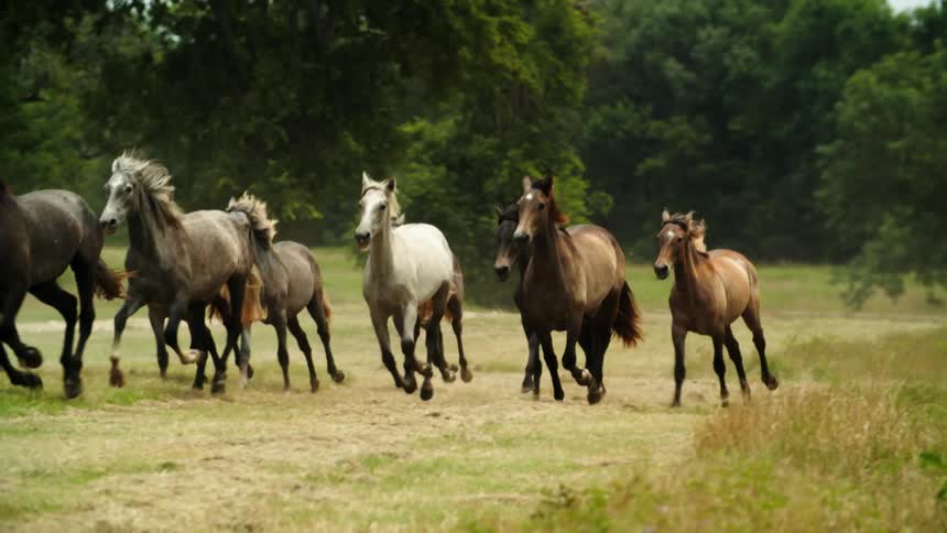 Group of horses run in the field near the forest