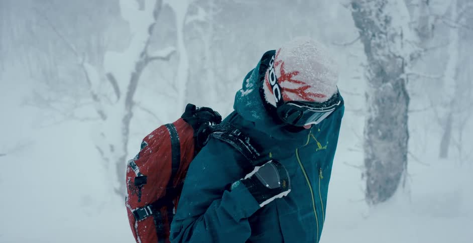 A person with a hat goggles and a backpack standing in a snowy forest with trees in the background