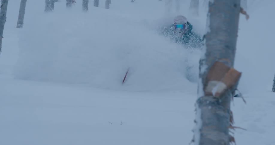 A skier skis through a woodland on a mountain slope as heavy snow falls from the sky