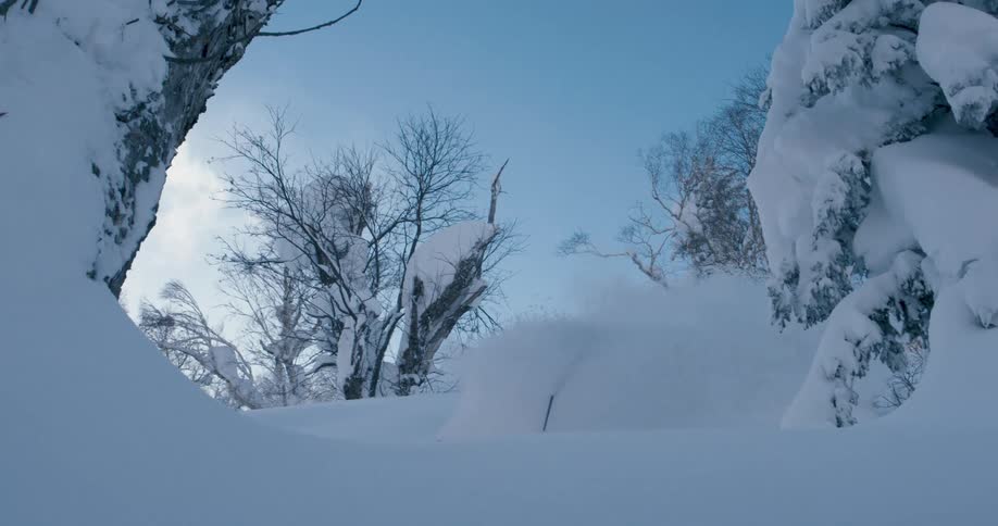 A person with a coat gloves and goggles skiing down a snowy slope with trees