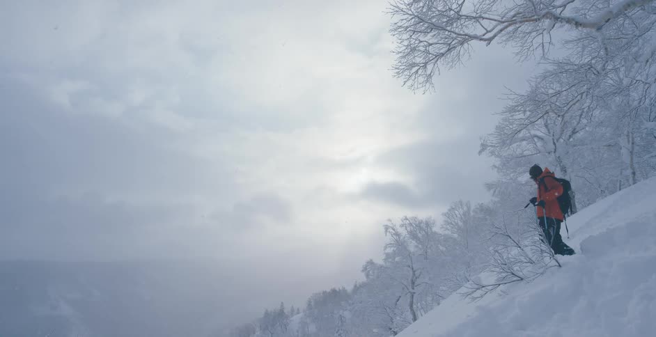 Skier stands on mountain slope in snow holding ski poles