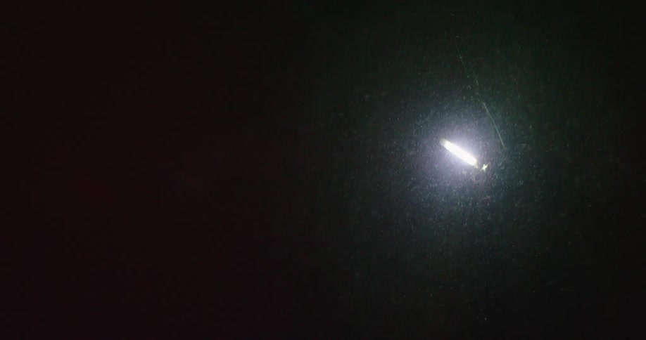 Snow falling in front of a light at night