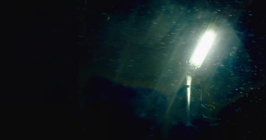 White particles flow past light creating glare against surrounding darkness