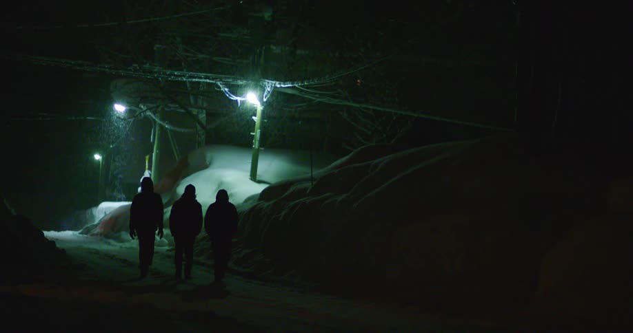 The silhouettes of three figures walking down a snow covered road on a snowy night