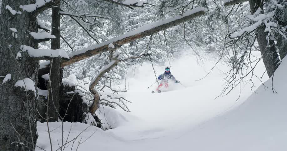 A person is skiing through the snow in winter