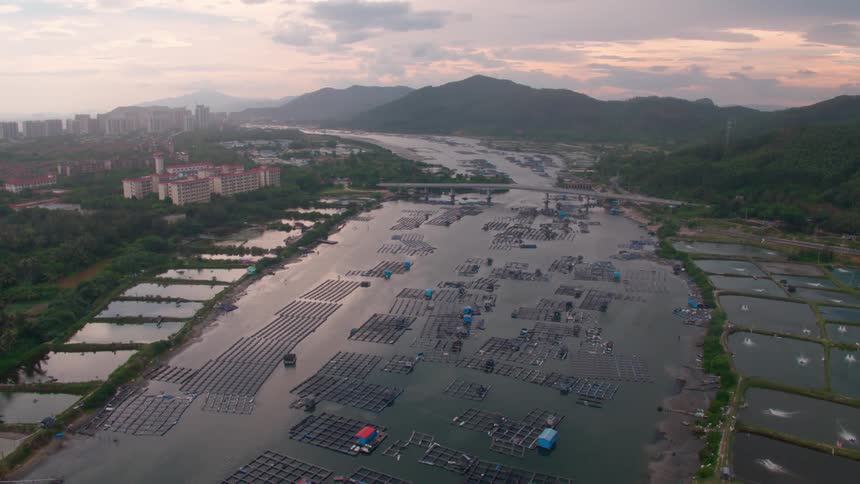 Aerial view of a Chinese fish farm on a river next to mountains at sunset