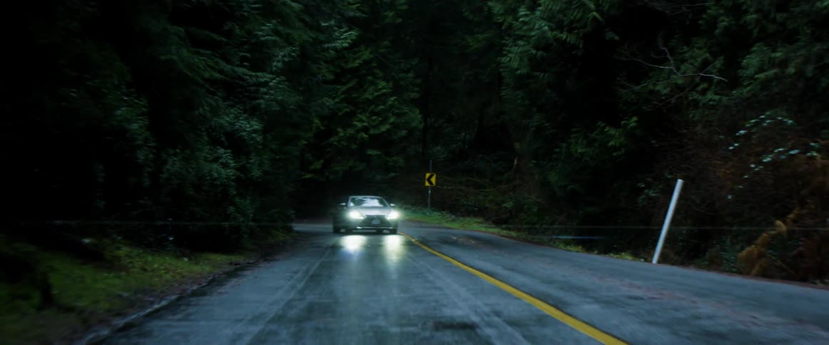 A car travels around a curve on a rain slick road through a forest during the day