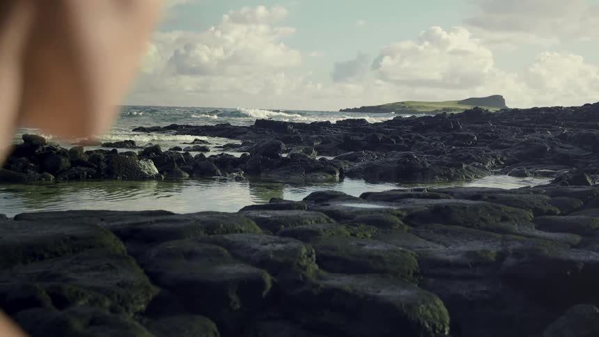 A woman is standing at the coast of a beach