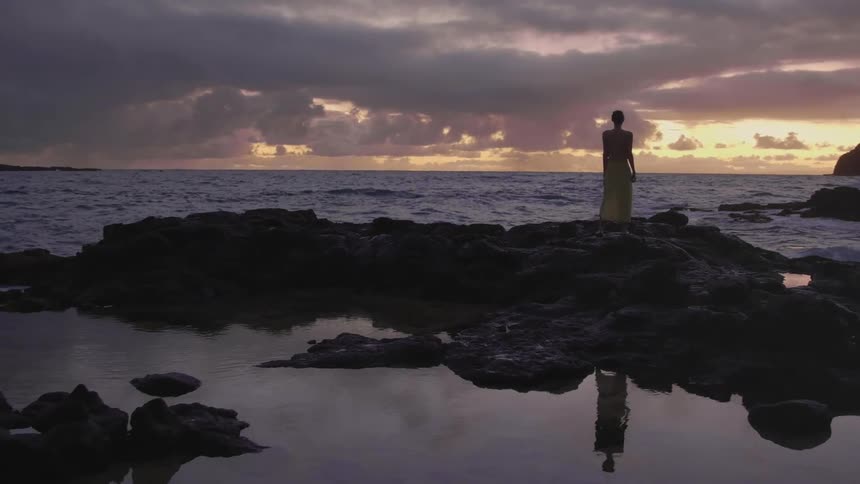A silhouetted woman standing on a rock on a beach at sunset