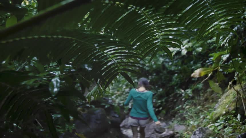 A woman descends a rocky incline in a forest during the day