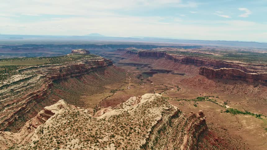 An aerial view of cliffs and a valley