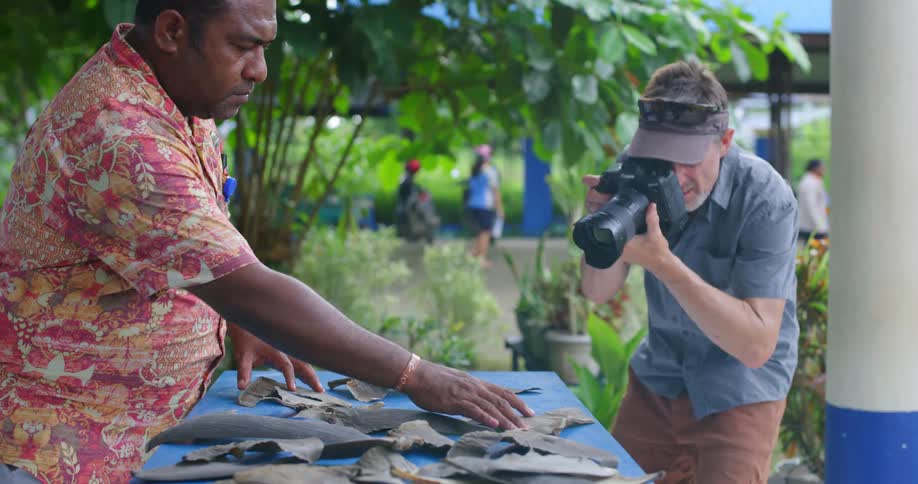 Photographer takes pictures of shark fins placed on table and the people setting the fins out