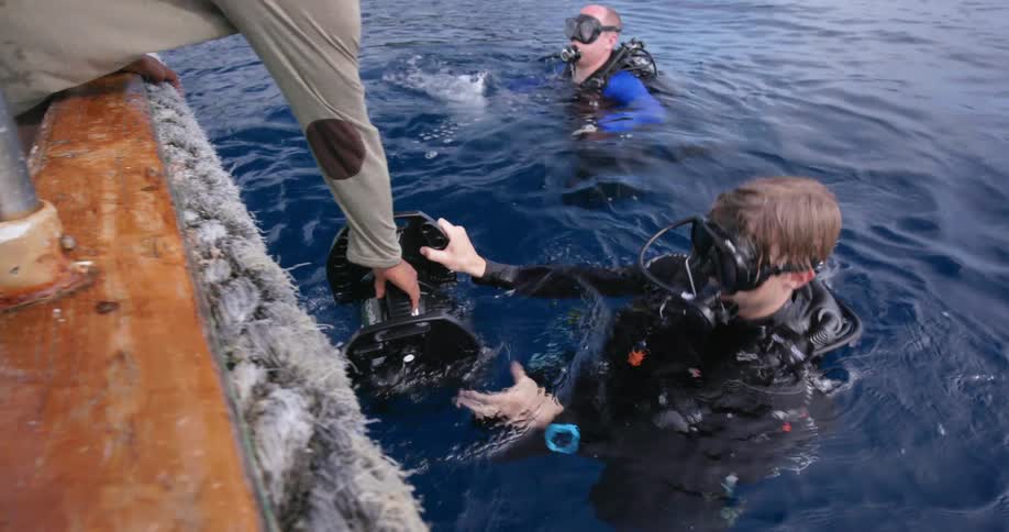 A pair of divers wait at the surface of the ocean water for equipment to be handed to them