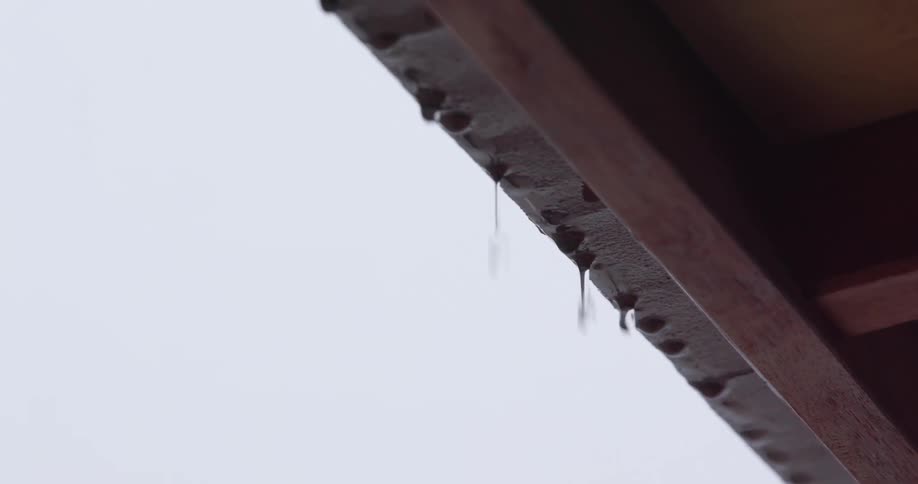 Raindrops dripping from underside of roof