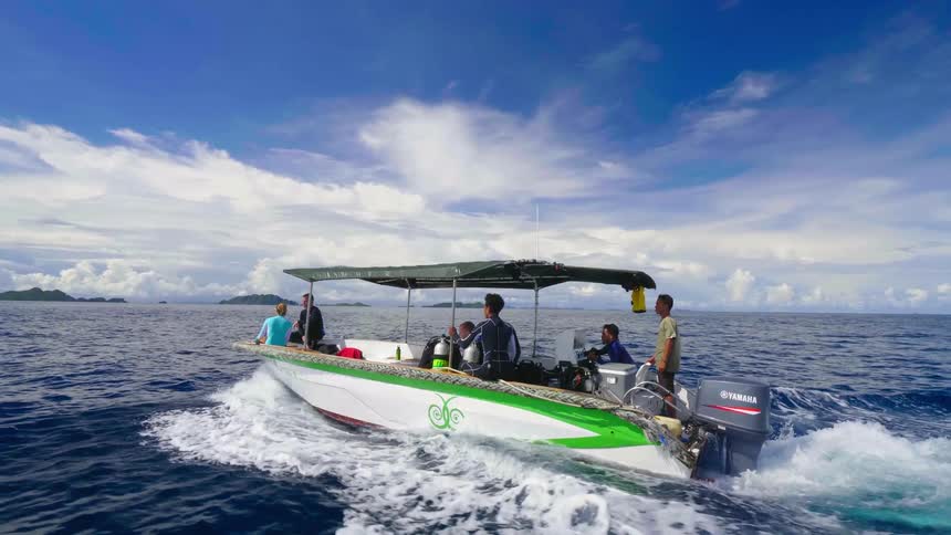 A group of people ride a boat across the ocean on a sunny day