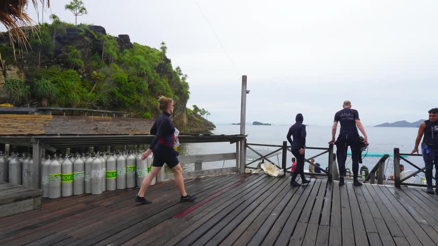 A group of divers walk across a boardwalk towards a boat waiting on the ocean