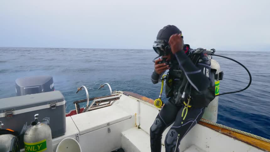 A diver adjusts their goggles and mouthpiece before diving backwards off a boat into the sea