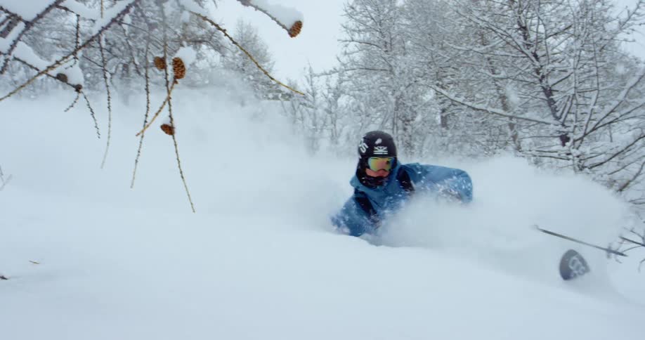 A skier in a blue coat gliding through powdery snow during a snowstorm