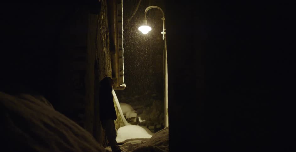 A person leans against a wall beneath a light in a narrow alleyway on a snowy night