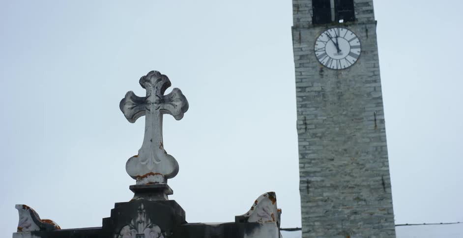 A view of a church with a clock tower