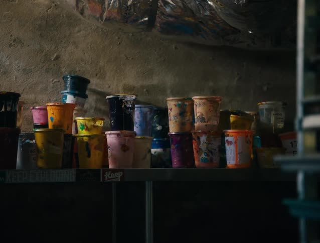 Dozens of used paint canisters are piled on a shelf in the back room of a business