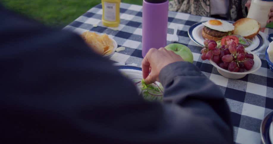 People sitting at a table outside with food with grass in the background