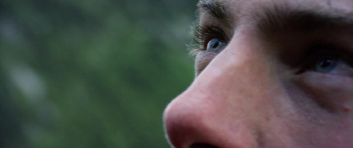 A white person with blue eyes and bushy eyebrows is looking out at something in nature
