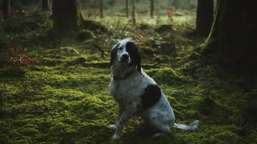 The dog begins to move in the forest