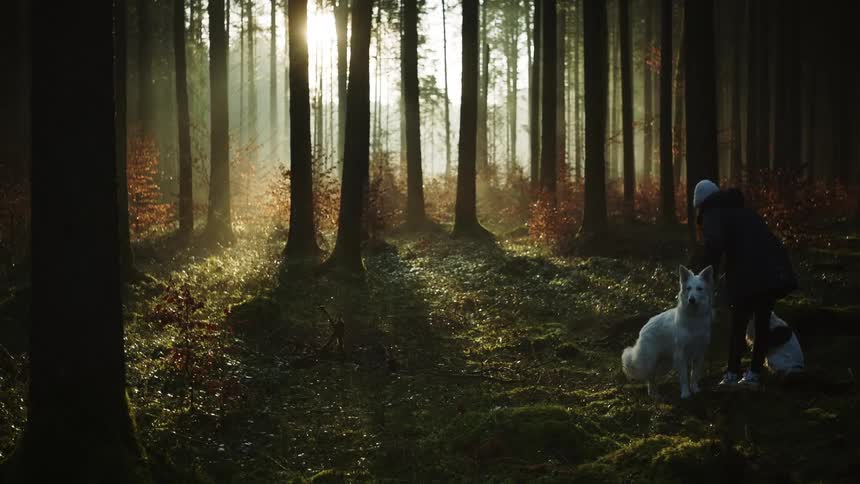 A woman pets her dogs in a forest