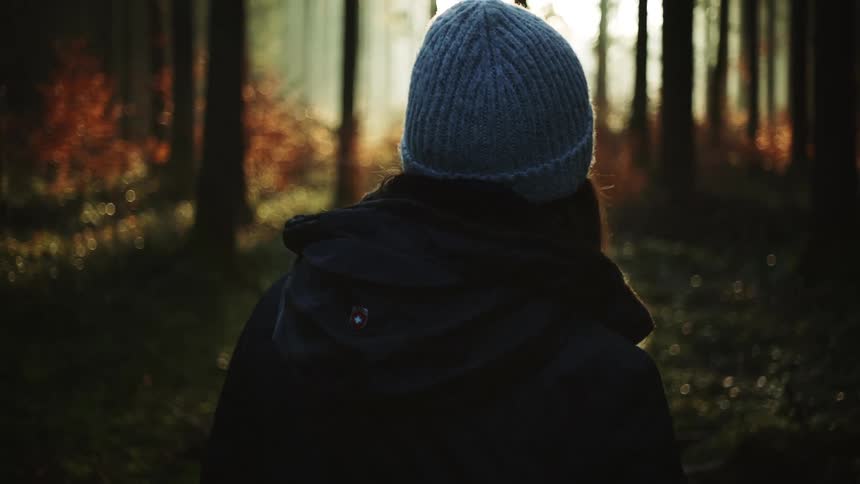 A person with a hat and coat in a forest with trees