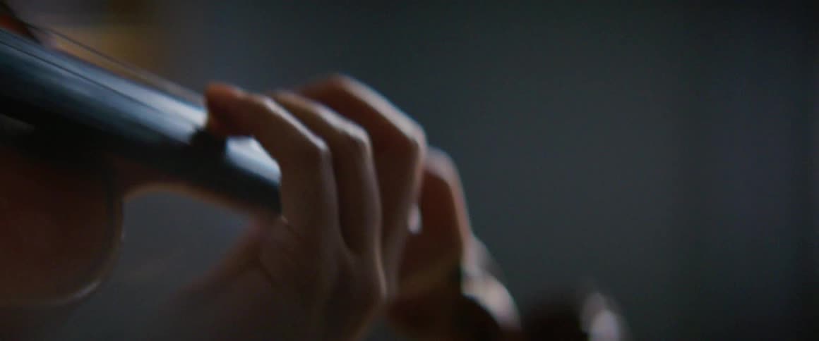 Close up of a womans hand as she plays the violin