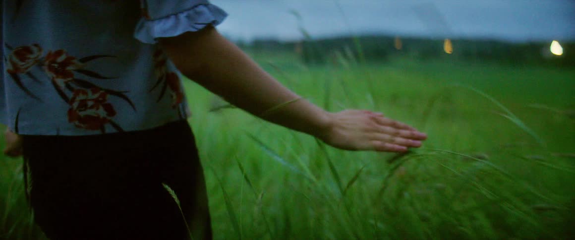 A person walking in a grassy field touching grass with the sky and clouds in the background