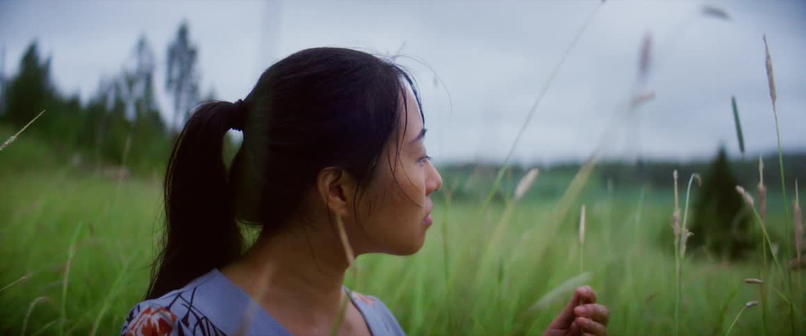 A young asian woman examines tall stalks of grass in a field on a cloudy day