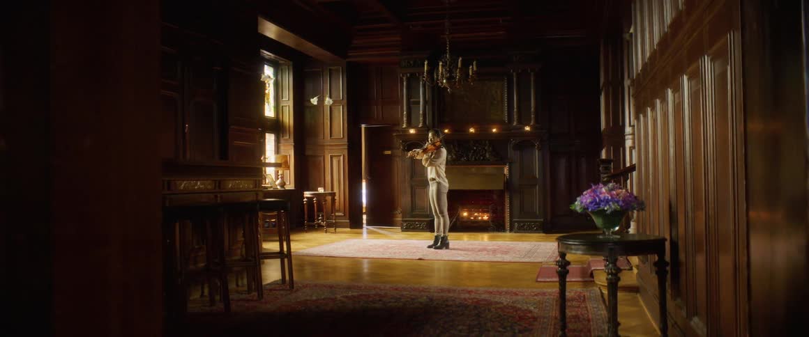 Musician playing violin standing near a fireplace in a luxurious mansion