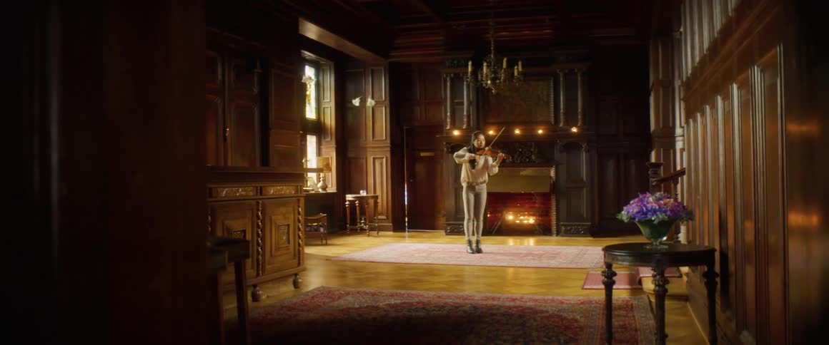 A young woman playing the violin indoors