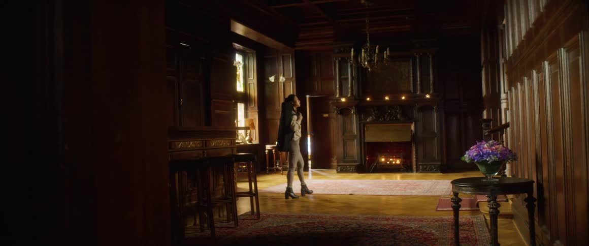 A young woman carrying a violin case enters a room in a house and examines her surroundings