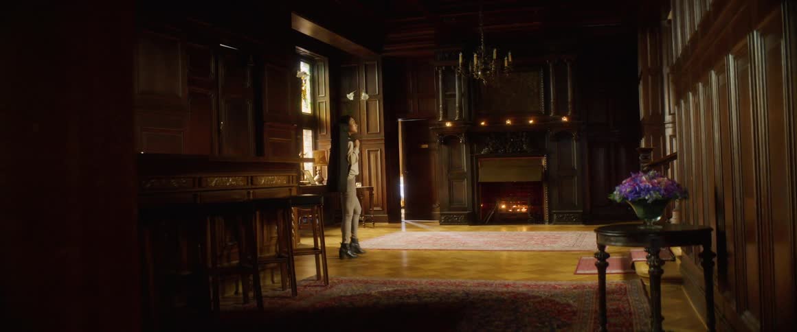 A woman carrying an instrument walks in to a room and looks around