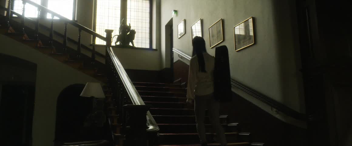 A young woman walks up a staircase carrying her musical instrument in a case