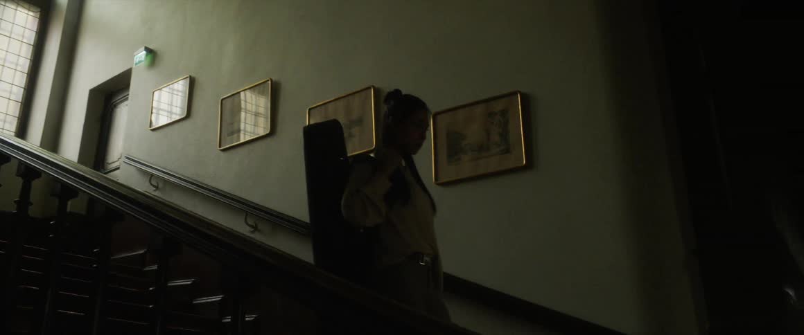 A woman carrying a violin case over one shoulder descends a staircase in a house during the day