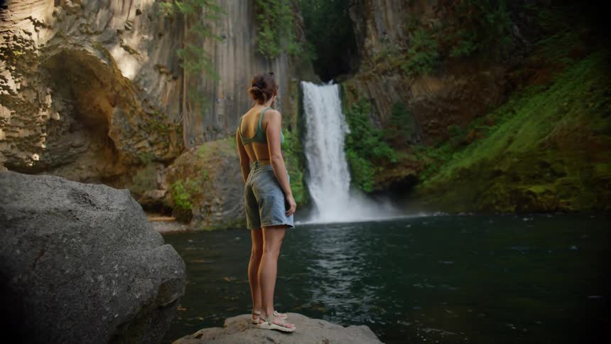 A woman in a swimsuit looking at a large waterfall while standing next to a lake in nature