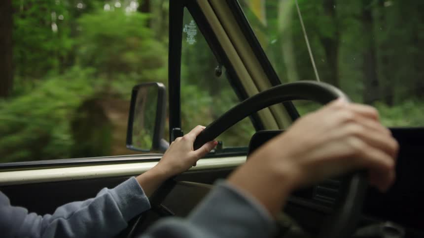 A woman drives a vehicle along a road through a woodland during the day