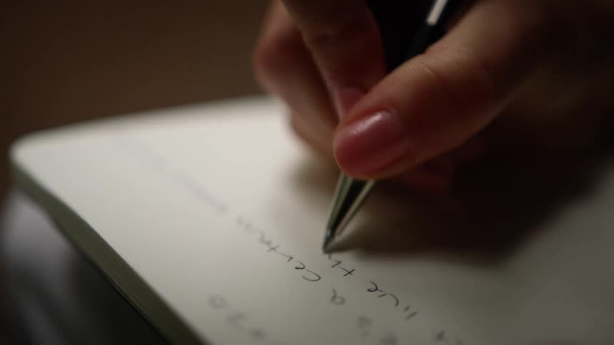 A person is using a pen to write in a lined notebook