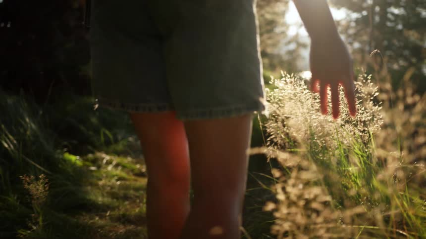 A girl walking through a forest touches plants as she passes