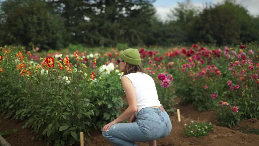 A young woman walking past rows of flowers outdoors stops and kneels to examine a red and yellow flower