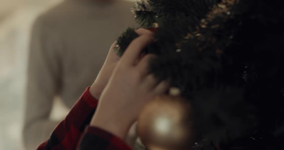 Two brothers places ornaments on a christmas tree