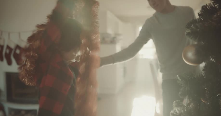 Brothers play as they decorate christmas tree while woman works in kitchen near window