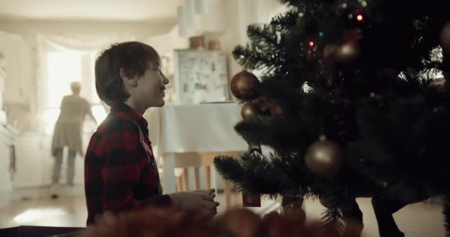 A young boy places ornaments on a christmas tree