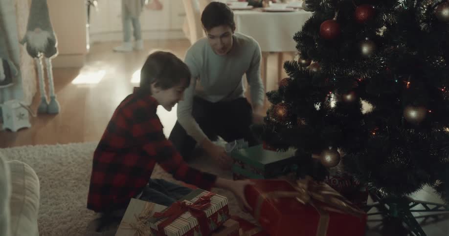 Two boys each carry an armload of presents to a christmas tree and place them underneath
