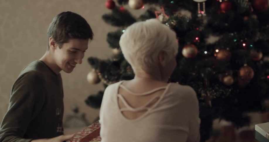 A teenager and young boy sit at a christmas tree passing gifts with a woman sitting beside them