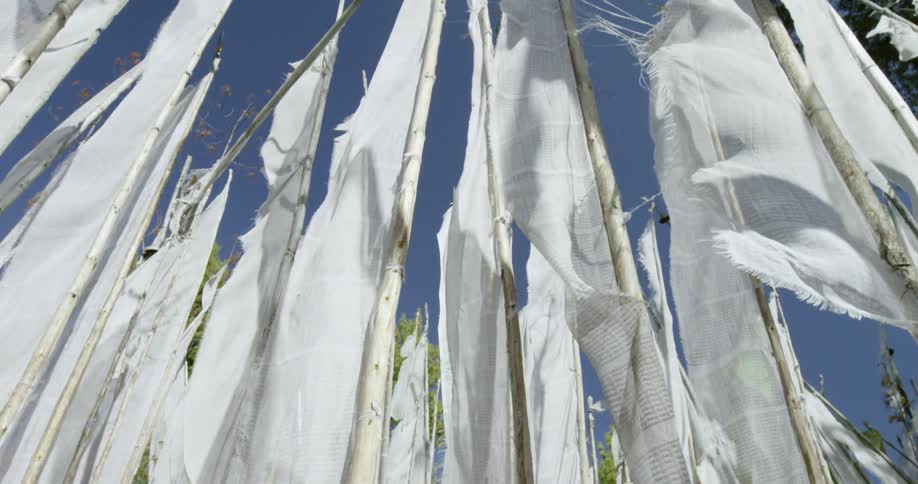 A row of poles with white flags sit in the sky